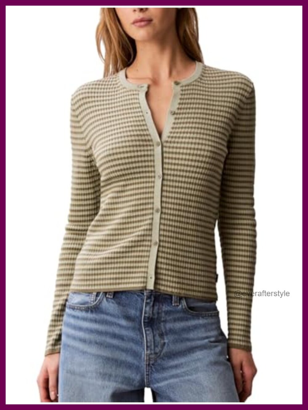 Striped Cotton Rayon Long Sleeve Button Front Crewneck Top